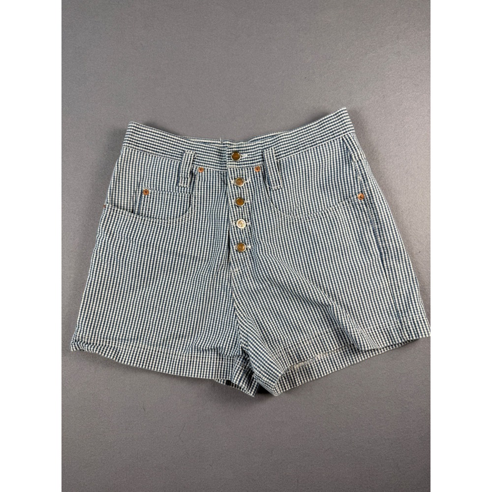 L.E.I. Vintage Gingham Button Fly High Waisted Denim Shorts Blue White Womens M